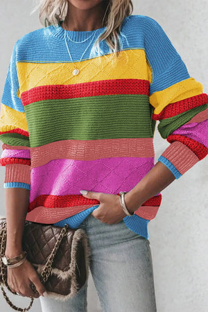 Rainbow stripe knit crewneck sweater with diamond pattern detail and ribbed cuffs.