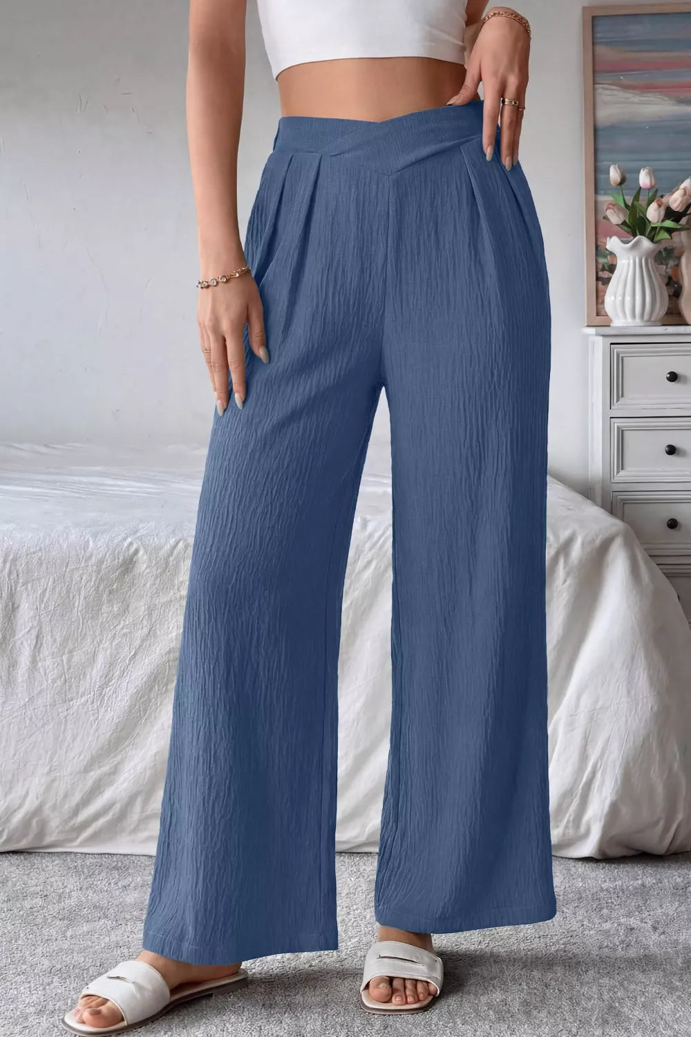 Textured dusty blue maternity wide-leg trousers with crossed waist detail