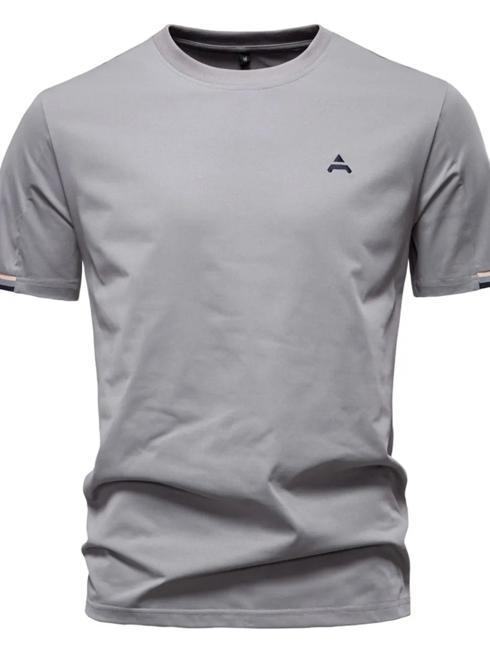 Gray t-shirt with embroidered crest detail and striped sleeve cuffs