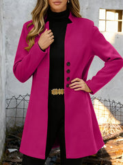 Chic longline trench coat in Deep Rose with button-down front and collarless neckline.