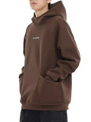 Oversized coffee graphic hoodie with high neck and front pockets.
