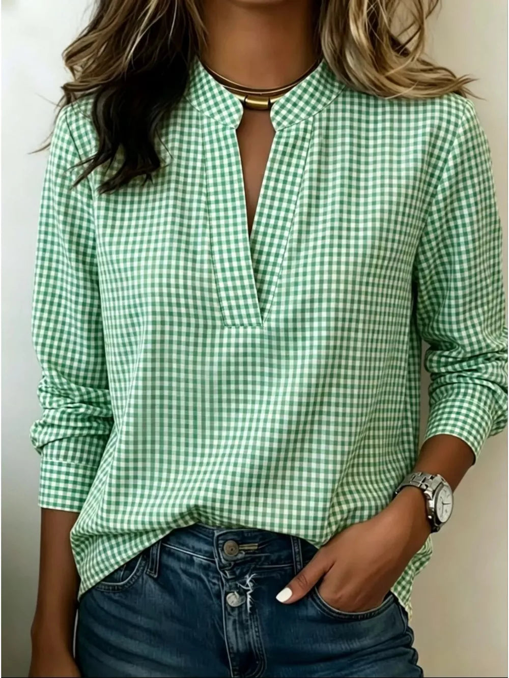 Full Size Plaid Notched Long Sleeve Blouse, model styling view