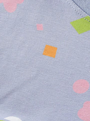 Toddler dress in light blue cotton blend with playful abstract print of pink, orange, and green shapes.