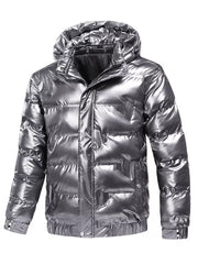 Silver reflective hooded puffer coat for men with elastic cuffs and hem.
