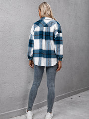 Azure plaid oversized button-up shirt with white, blue, and dark blue checks.