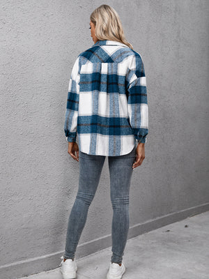 Azure plaid oversized button-up shirt with white, blue, and dark blue checks.