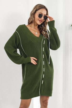 Army green V-neck sweater dress with white stitch detail and drawstring accents.