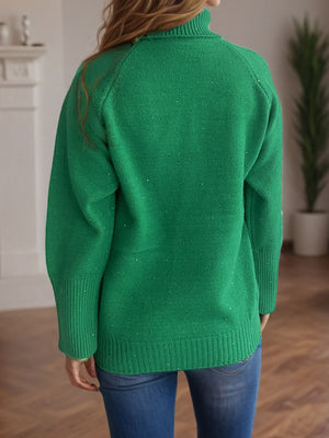 Dark green ribbed turtleneck sweater with subtle sparkle detail and cuffed sleeves.