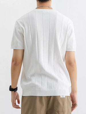 Men's white ribbed crew neck tee with vertical texture, short sleeves.