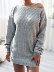 Off-shoulder ribbed knit mini dress in charcoal grey, 100% acrylic, with long sleeves.