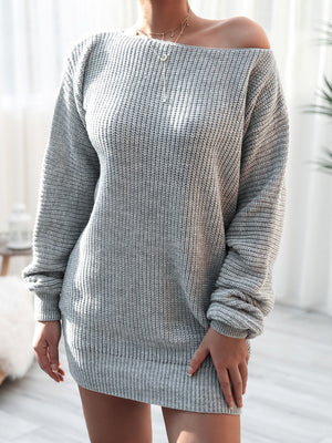 Off-shoulder ribbed knit mini dress in charcoal grey, 100% acrylic, with long sleeves.