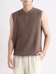 Men's brown textured knit quarter-zip sleeveless tank top
