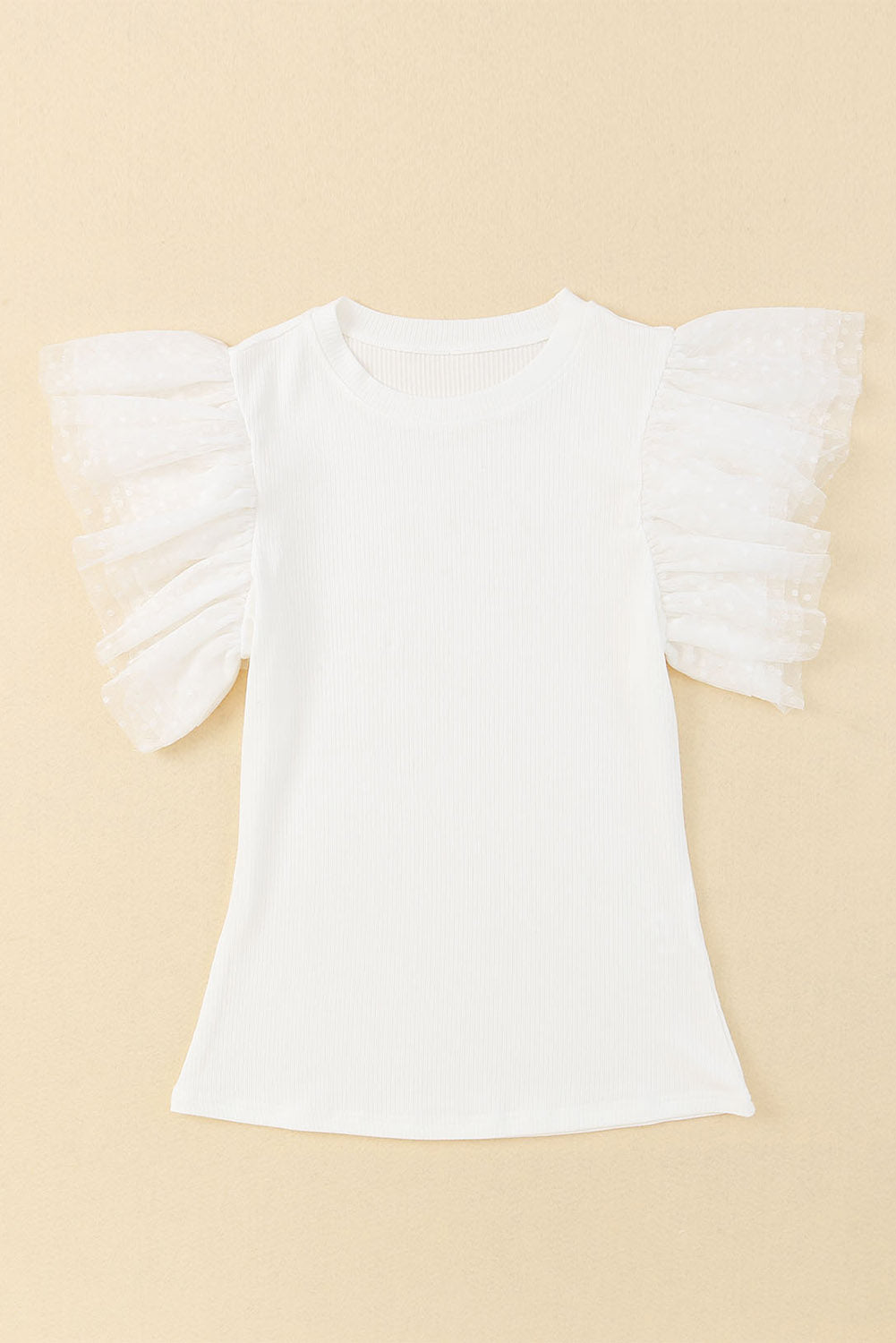 White ribbed knit blouse with sheer polka dot ruffle sleeves