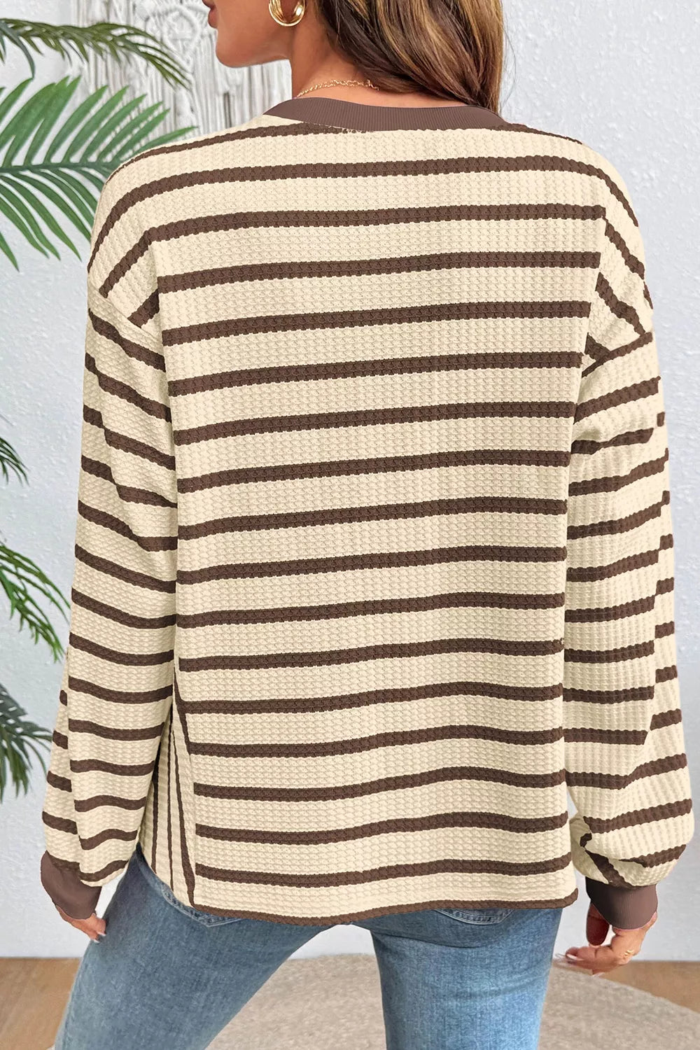 Stripe Patchwork Ribbed Cuff Pullover Sweatshirt in Beige, close-up detail