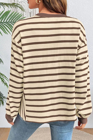 Stripe Patchwork Ribbed Cuff Pullover Sweatshirt in Beige, close-up detail