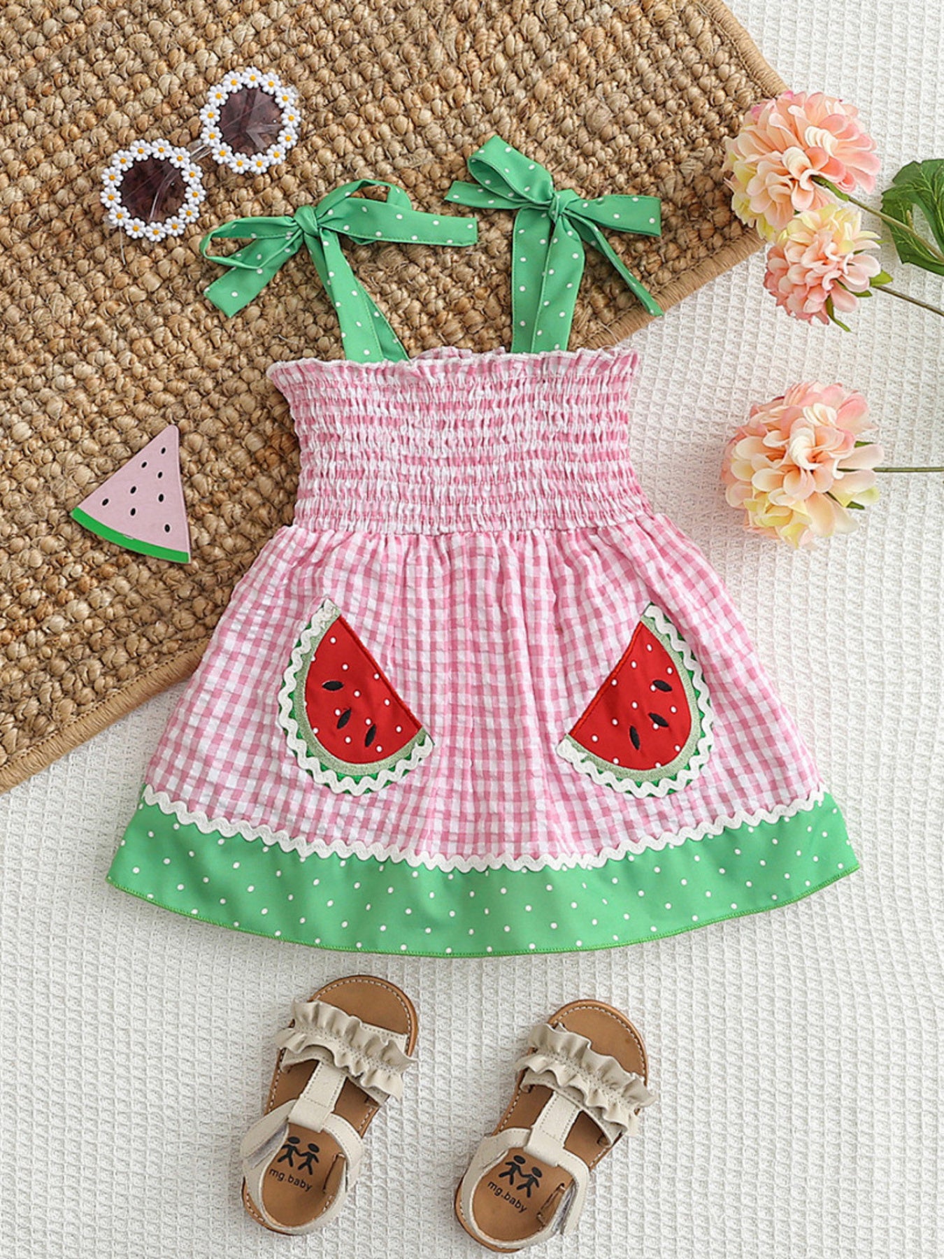Pink gingham baby dress with smocked bodice, watermelon pockets, and green polka dot trim.