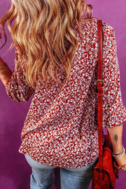 Bohemian floral print blouse in cerise with tie detail, 100% viscose, 3/4 sleeves