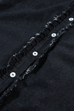 Black denim button-up shirt with frayed ruffle trim and white buttons.