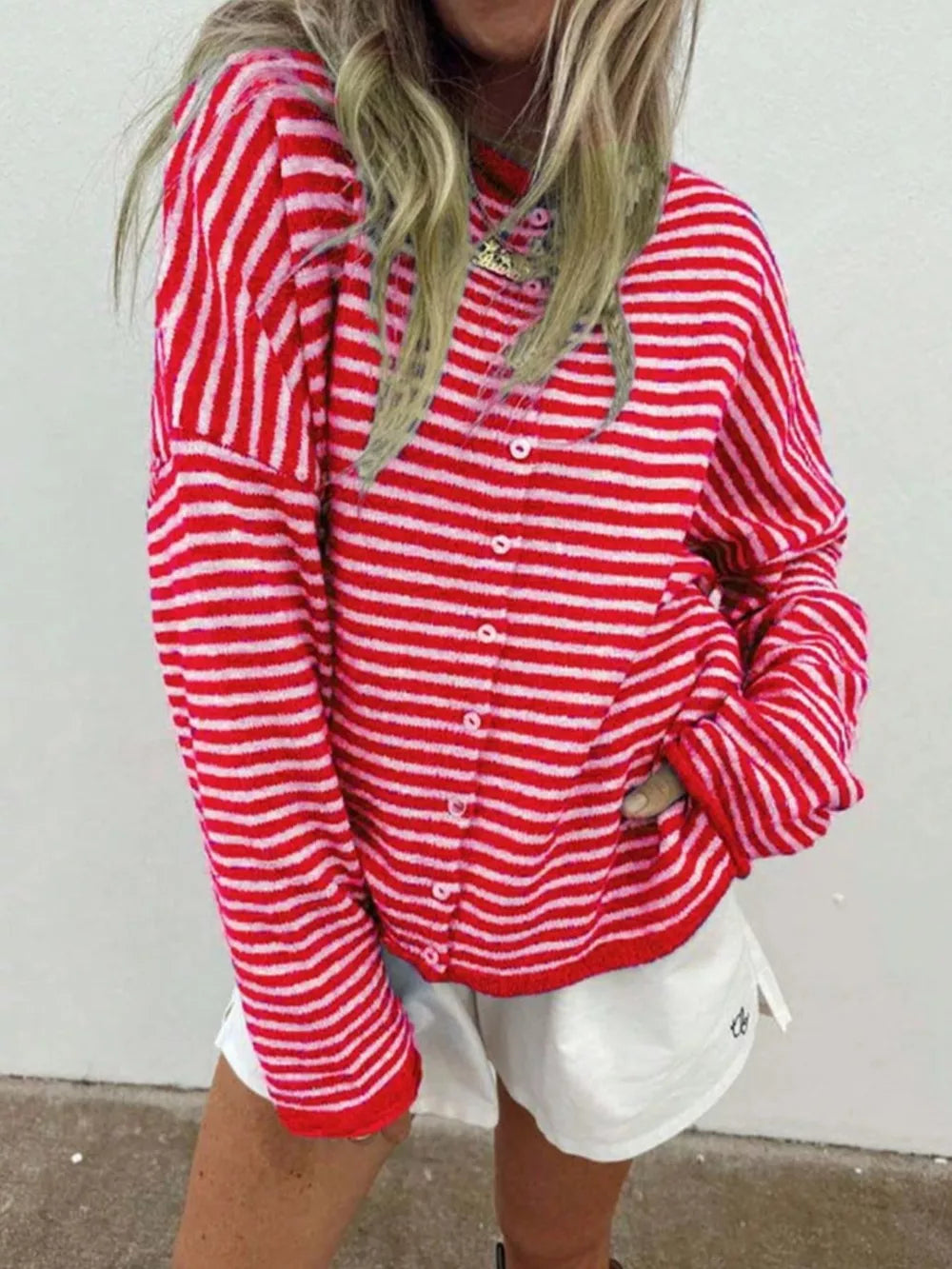 Striped Knit Button Up Cardigan in Khaki, front view