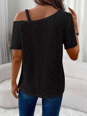 Black one-shoulder waffle knit t-shirt with cutout detail and short sleeves.