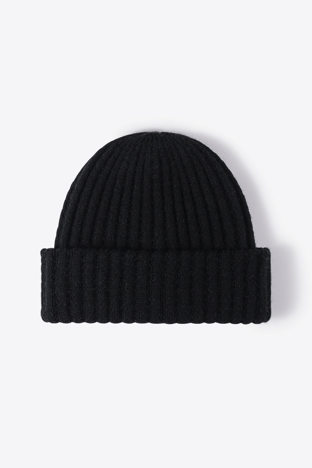 Black ribbed knit beanie with a cuffed hem