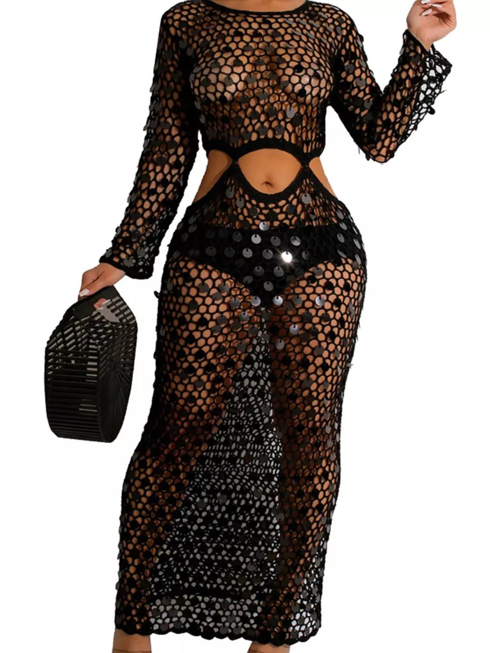 Black mesh cutout maxi gown with sequin details and long sleeves.
