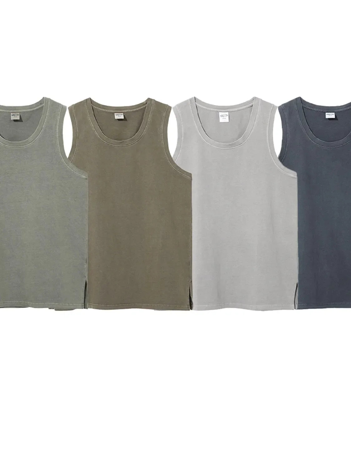 Relaxed slit hem tank tops in olive brown, gray, dusty blue, and sage.