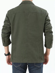 Plus-size army green cotton button-up blazer with button cuffs and pocket details.