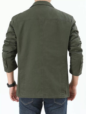 Plus-size army green cotton button-up blazer with button cuffs and pocket details.