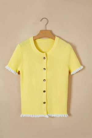 Yellow ribbed knit short sleeve cardigan with frilled trim and gold button details.