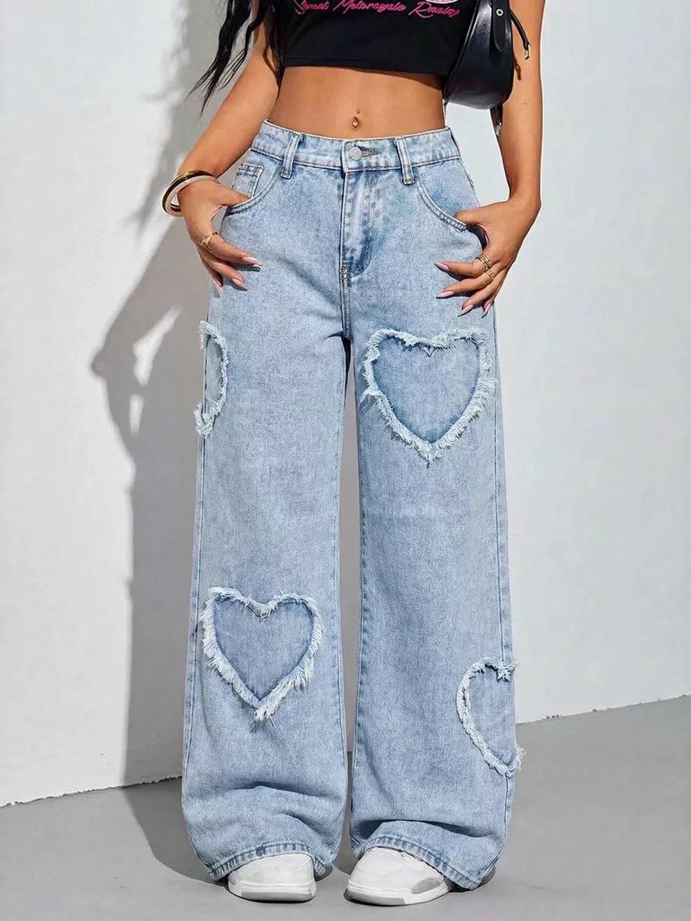 Heart Applique Wide-leg Jeans