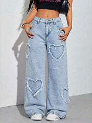 Heart Applique Wide-leg Jeans