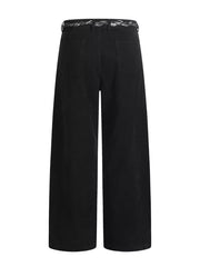 Black maternity pants with wide legs, relaxed fit, and a decorative belt.