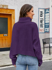 Purple cable-knit acrylic choker sweater with a turtleneck and cropped hem.