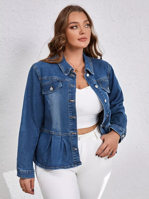 Blue denim trucker jacket with button detail and peplum hem