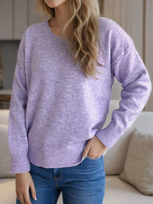 Relaxed-fit V-neck knit sweater in Pink Purple with ribbed hem and cuffs.