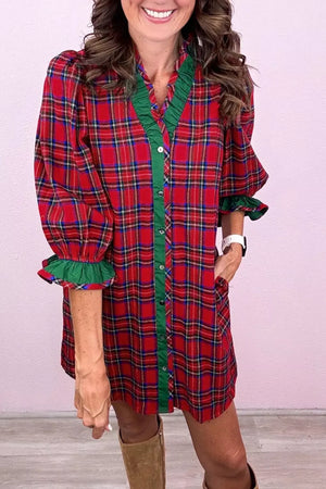 Plaid Ruffle Cuff Button Front Mini Dress in Deep Red, fit detail