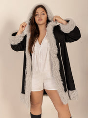 Black hooded duster coat with faux shearling trim and cuffs.
