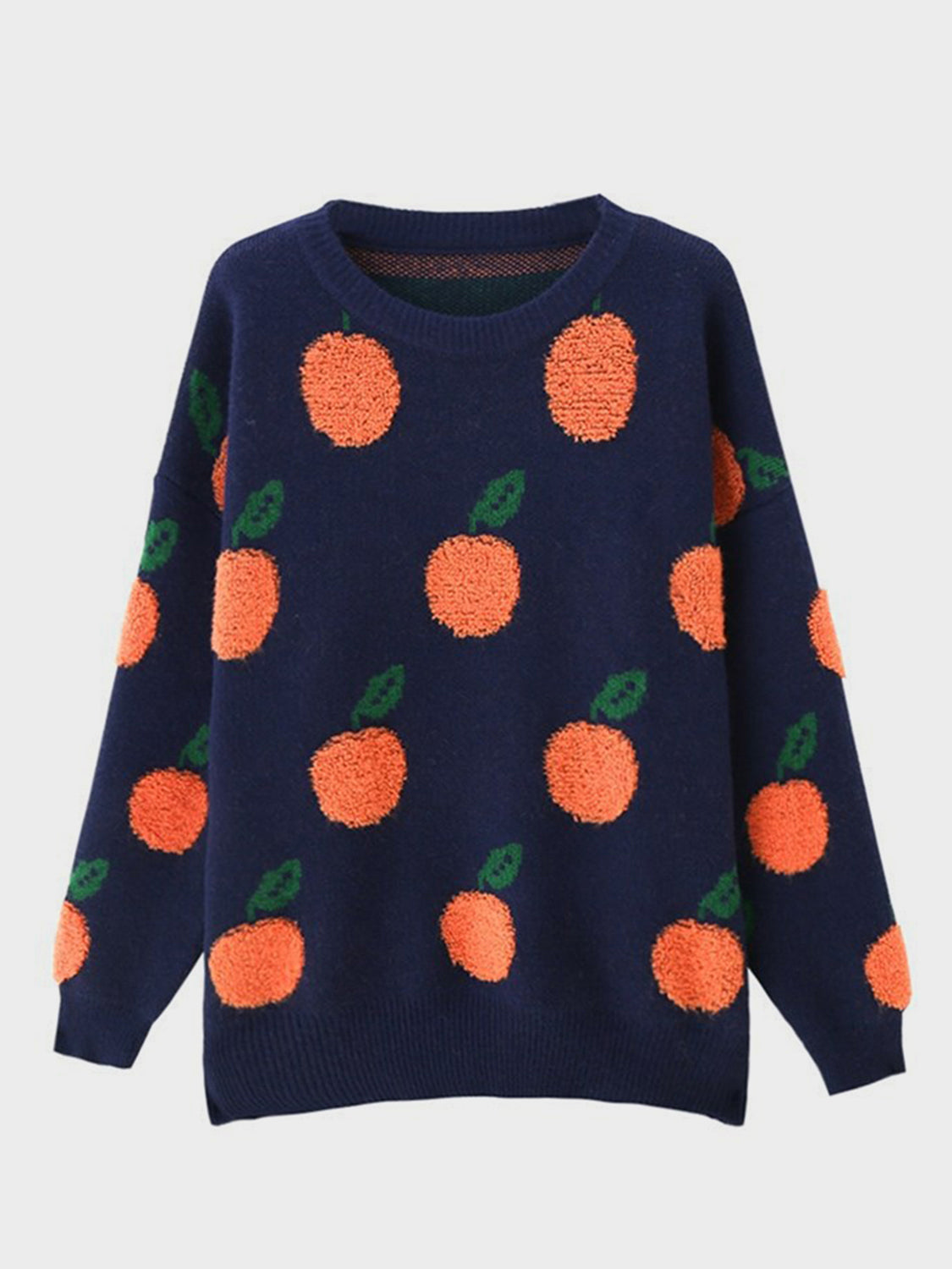 Navy acrylic sweater with allover orange fruit pattern and green leaves, crew neck.