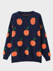 Navy acrylic sweater with allover orange fruit pattern and green leaves, crew neck.