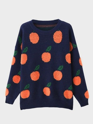 Navy acrylic sweater with allover orange fruit pattern and green leaves, crew neck.