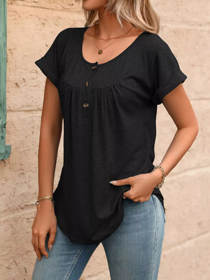 Black relaxed henley maternity t-shirt with button detail and short sleeves