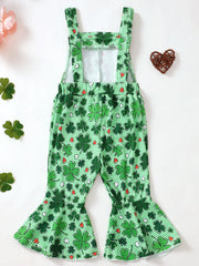 Green plaid baby overalls with a shamrock and heart print and flared legs.