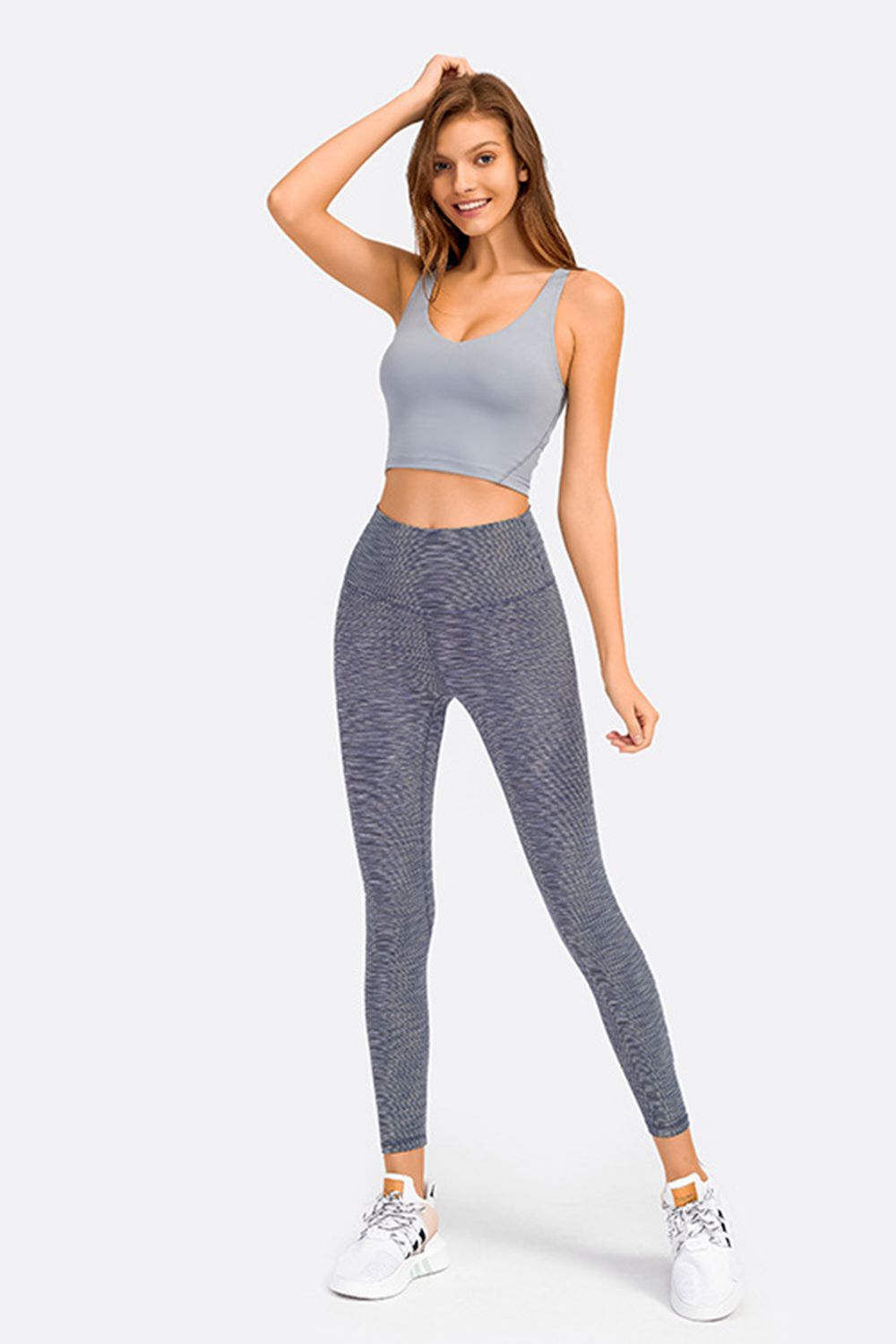 Sculpted Scoop Neck Crop Top in gray with a textured navy and white patterned legging.