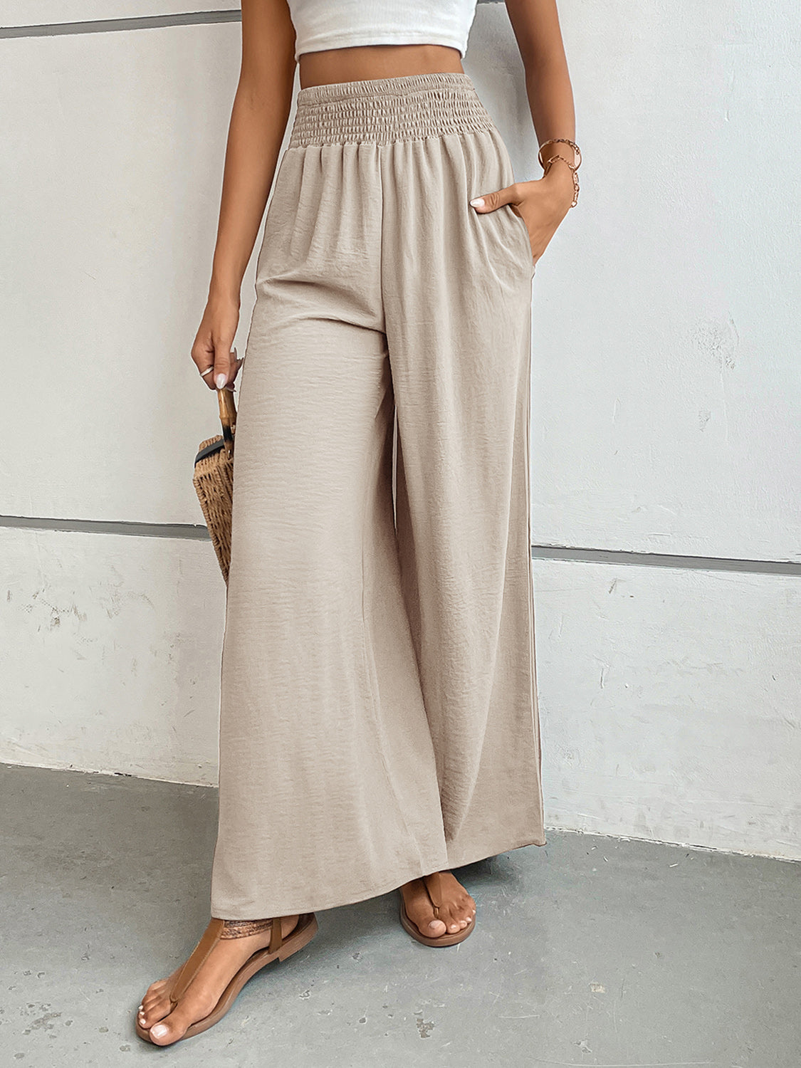 Textured palazzo lounge trousers in Dust Storm with smocked waist and wide legs.