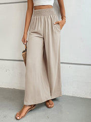 Textured palazzo lounge trousers in Dust Storm with smocked waist and wide legs.