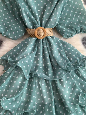 Green polka dot tiered dress with woven belt detail
