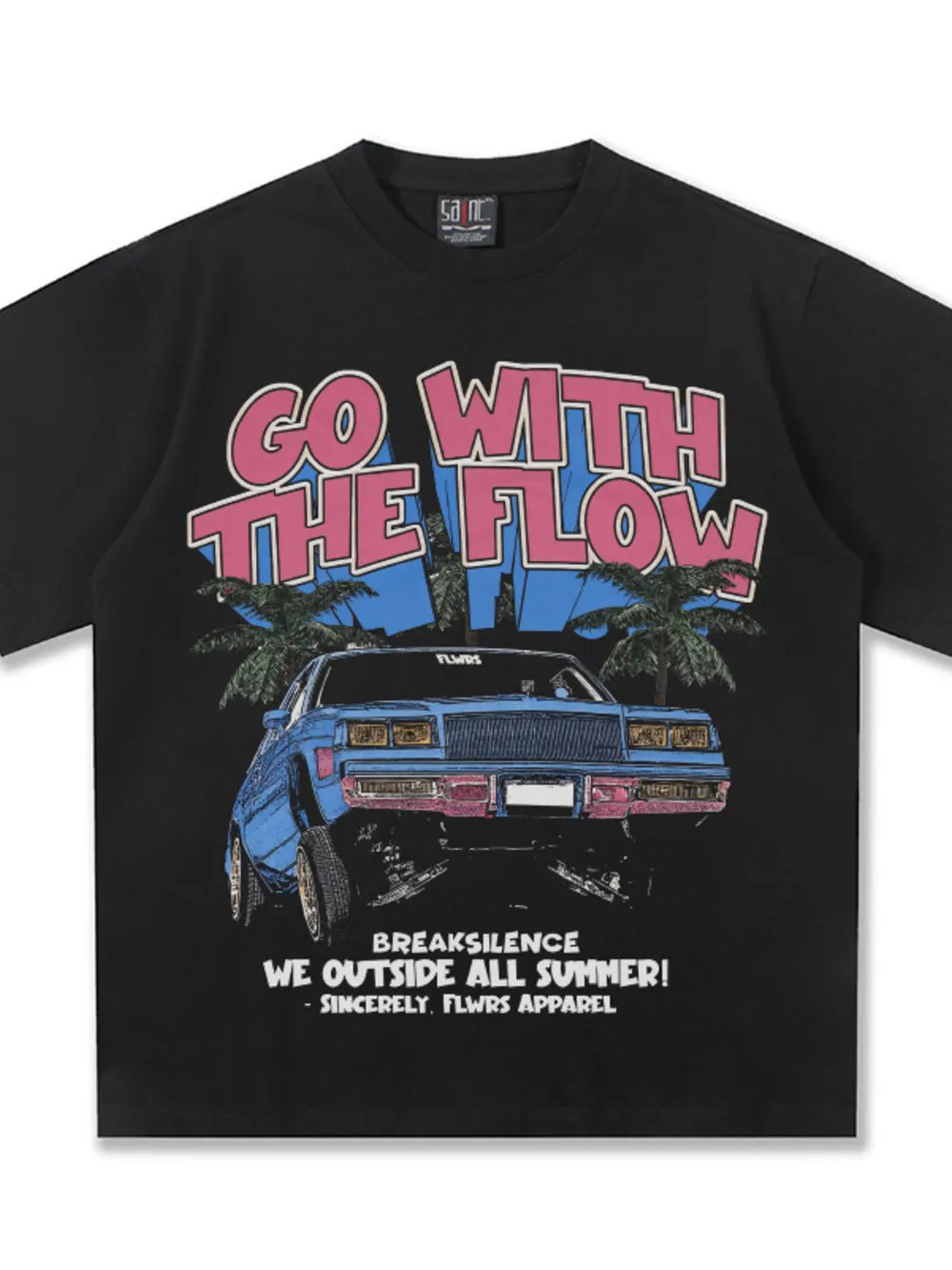 Black cotton graphic tee with "Go With The Flow" text, a blue car, and palm trees.