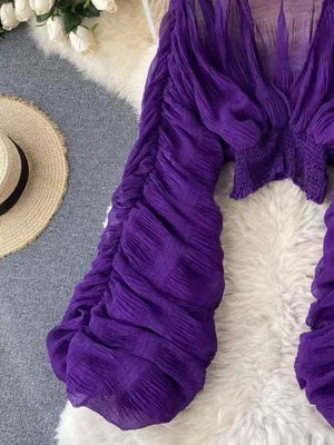 Purple ruched sleeve blouse with deep V-neck and smocked waist detail.