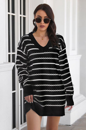 Black and white striped knit mini dress with v-neck and long sleeves